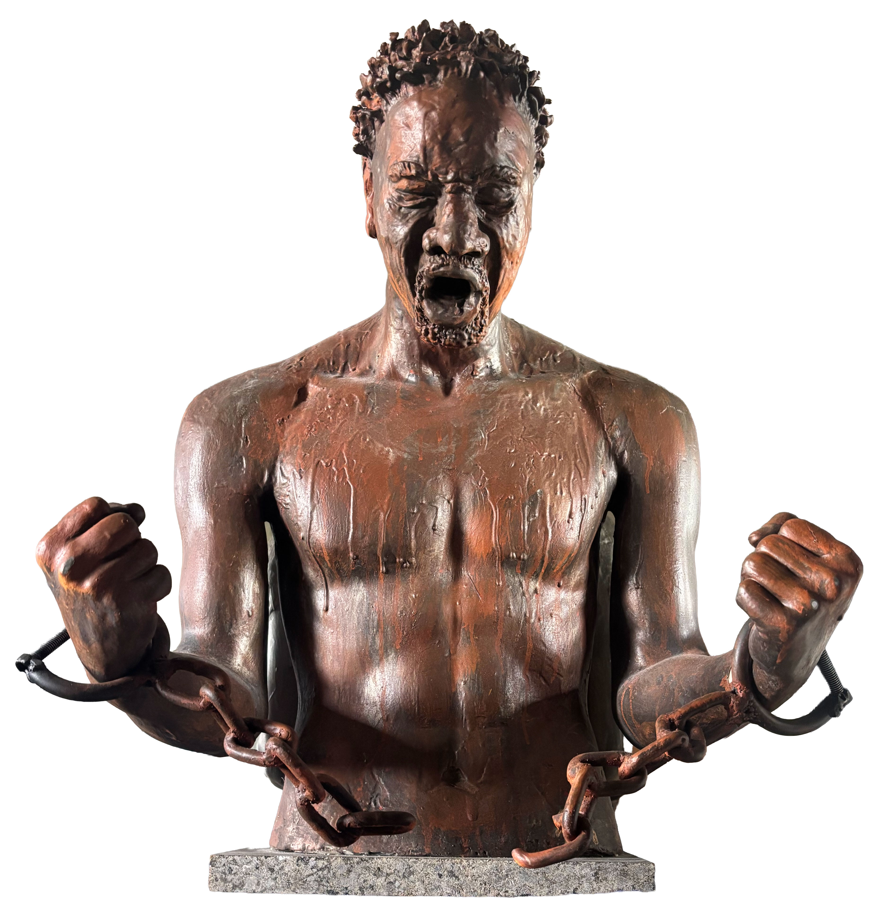 Bronze sculpture bust of a man breaking free from shackles, fists raised, symbolizing liberation and resilience.